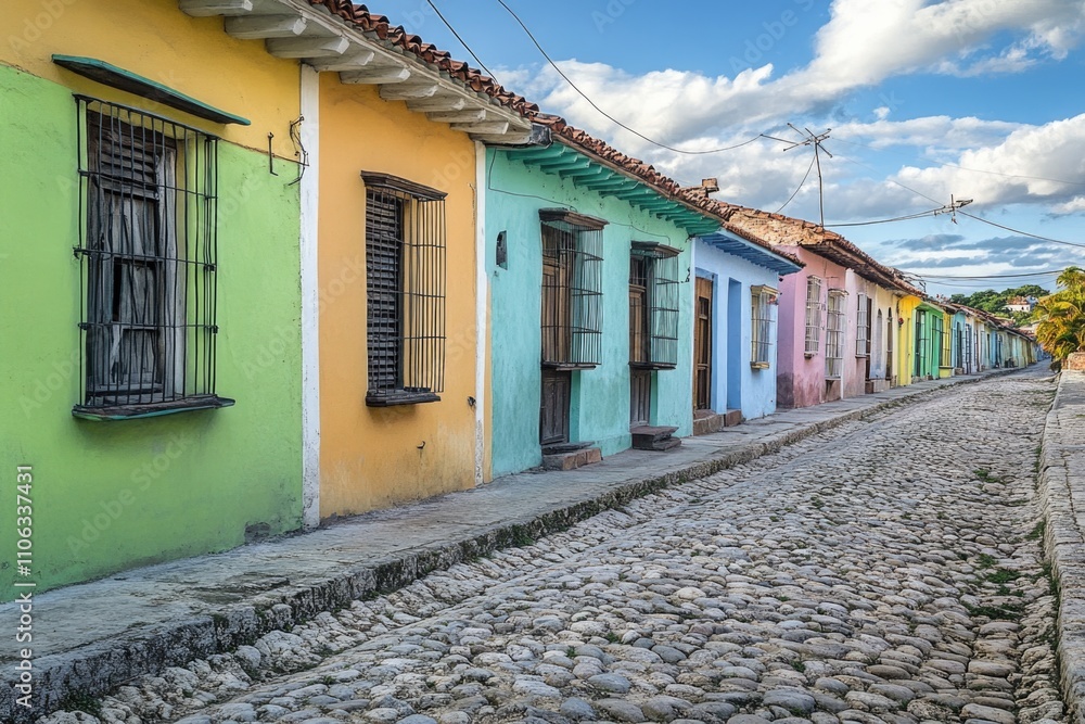 Poster a picturesque scene of colorful buildings lining a cobblestone street, suitable for use in travel or