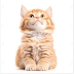 A fluffy ginger kitten sits gracefully, gazing upwards with curious eyes
