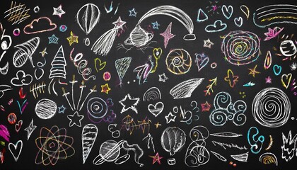 Fototapeta premium 검은 칠판에 분필로 그려진 다양한 패턴과 낙서