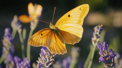 Naklejka premium A bright yellow butterfly perched on the center of a vibrant purple flower, perfect for spring and garden-themed images or designs