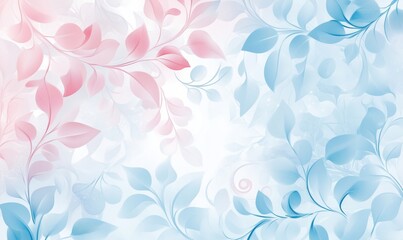Floral pattern design with pink and blue leaves, soft pastel colors, elegant background, abstract art, delicate textures