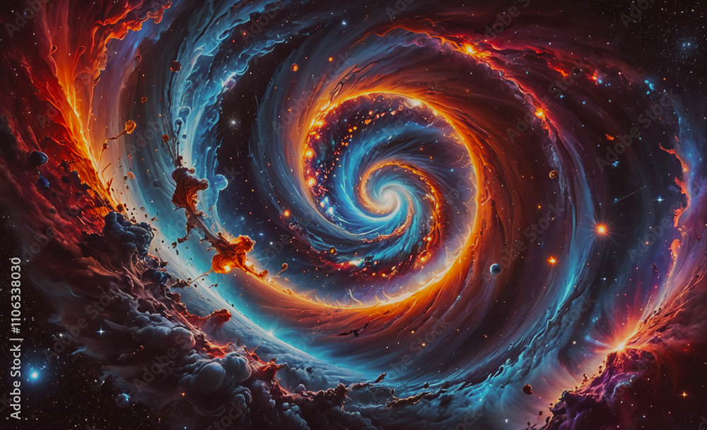 Poster spiral galaxy with a red and blue swirl. the spiral is surrounded by clouds of gas and dust