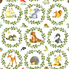 Obraz premium Forest animals in cartoon kawaii character designs seamless pattern. for kids textiles and childrens nursery decor
