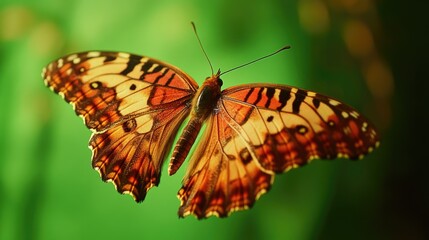 Fototapeta premium A colorful butterfly perched on a green plant leaf