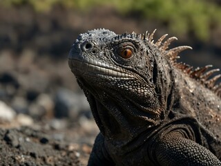 Obraz premium Marine Iguana portrait with white space on the right.