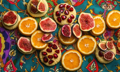 Soft cookies topped with an assortment of seasonal fruits such as figs, pomegranates, and mandarin oranges, displayed from above on a vibrant, patterned tablecloth