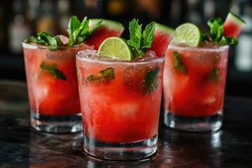 Three glasses filled with watermelon and lime garnish, perfect for a summer party or BBQ
