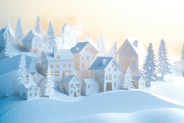 Fototapeta premium A serene Christmas village made of delicate paper cuts showcases white houses and trees, softly illuminated in a winter wonderland ambiance. Generative AI