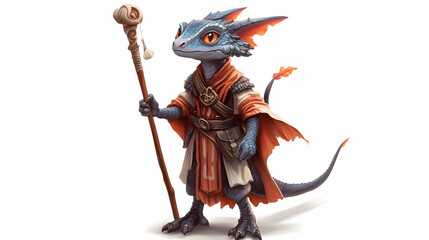 Small kobold dragon wizard character with quarterstaff standing on white background. Draconic. Illustration
