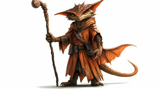 Small kobold dragon wizard character with quarterstaff standing on white background. Draconic. Illustration