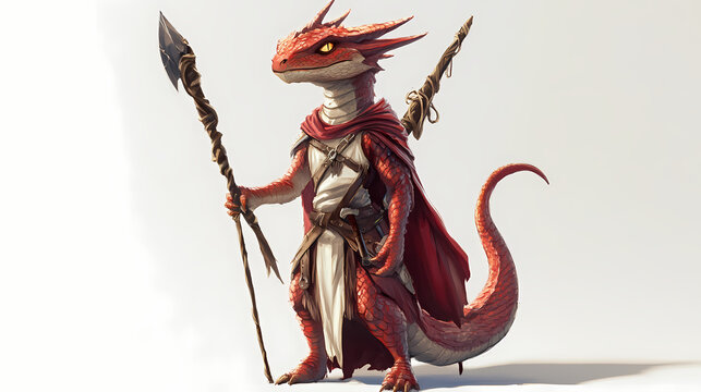 Small kobold dragon wizard character with quarterstaff standing on white background. Draconic. Illustration