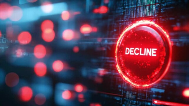 Abstract digital interface with a glowing red decline button prominently featured