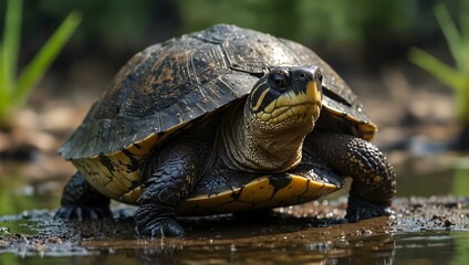 Obraz premium Marsh or helmeted turtle in its natural habitat.