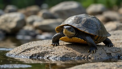 Fototapeta premium Marsh or helmeted turtle sitting on a rock.