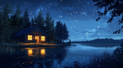 Fototapeta premium Serene Lakeside Cabin Under Starry Night Sky Peaceful Night Nature Scene
