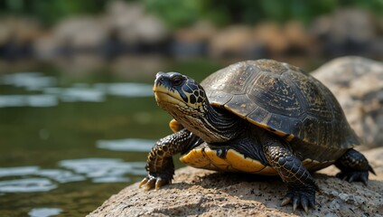 Obraz premium Marsh or helmeted turtle sitting on a rock.