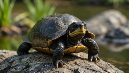Obraz premium Marsh or helmeted turtle sitting on a rock.