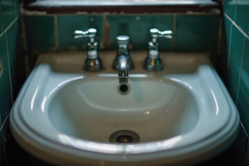A simple white sink set against a green tiled background, great for use as a prop or in still life photography