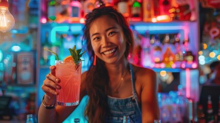 Asian woman expertly pouring a cocktail from a shaker into a chilled glass, ice cubes splashing, neon lights reflecting off the bar counter, patrons enjoying the scene