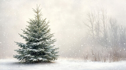 Fototapeta premium Snowy Winter Landscape Serene Evergreen Tree in Snowfall