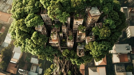 Árbol con edificios en la copa