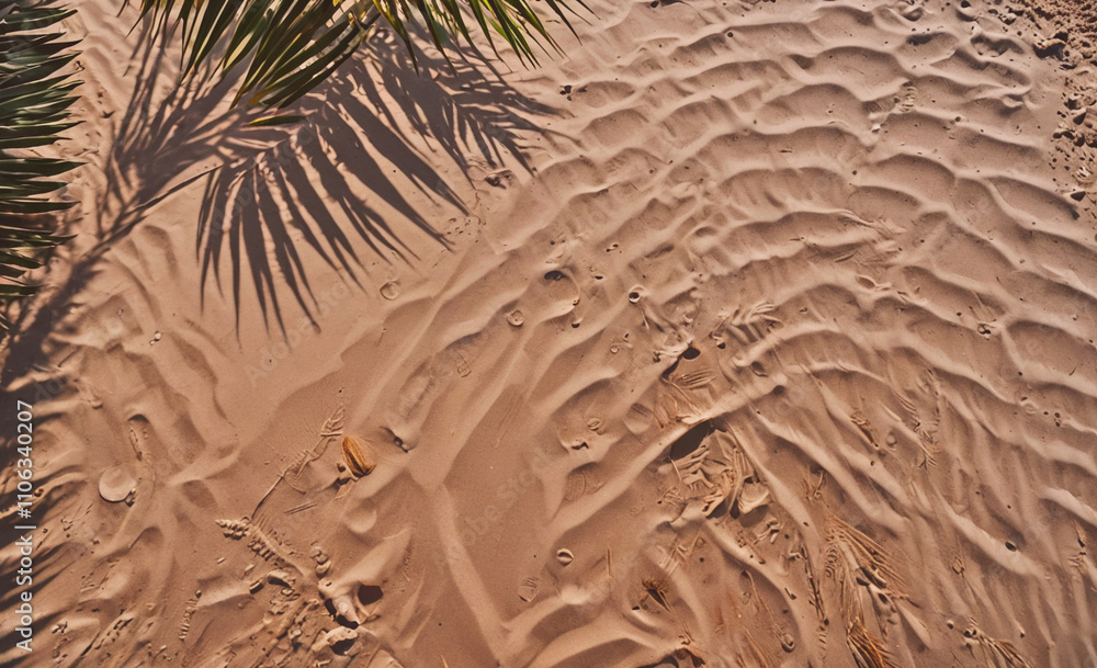 Aufkleber palm tree is casting a shadow on the sand. the sand is brown and has some footprints in it