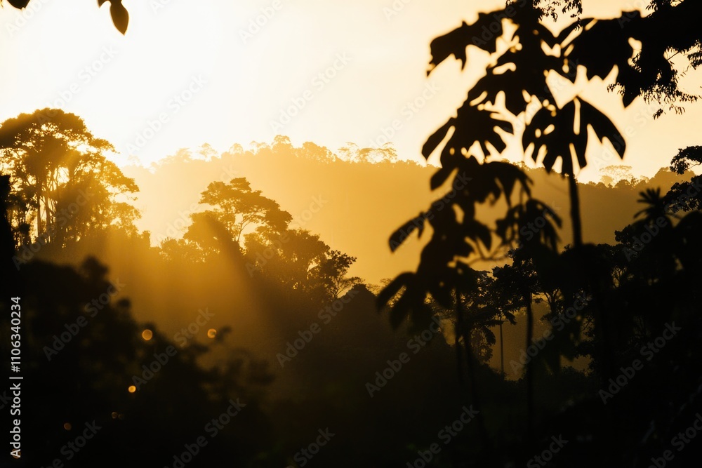 Poster a serene scene of a sunset behind the trees in a forest, perfect for use as a backdrop or to evoke f
