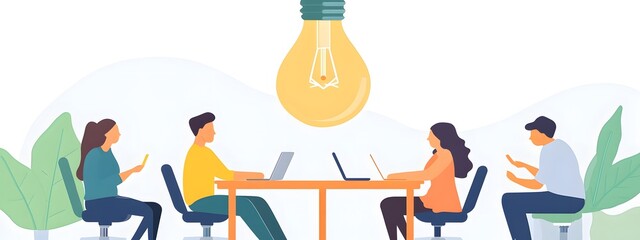 A group of people sitting around an office table, discussing ideas with one large light bulb hanging above them