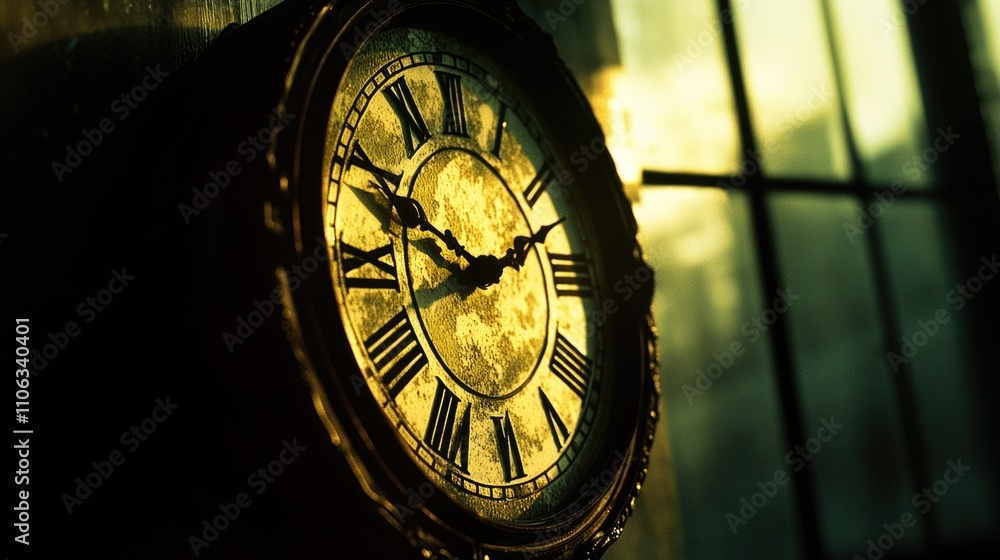 Poster a close-up shot of a clock with roman numerals, ideal for use in designs related to time, history or