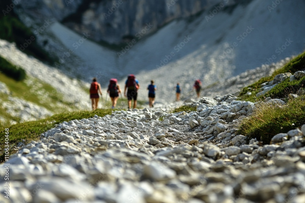 Poster group of hikers ascending a rocky path in the mountains