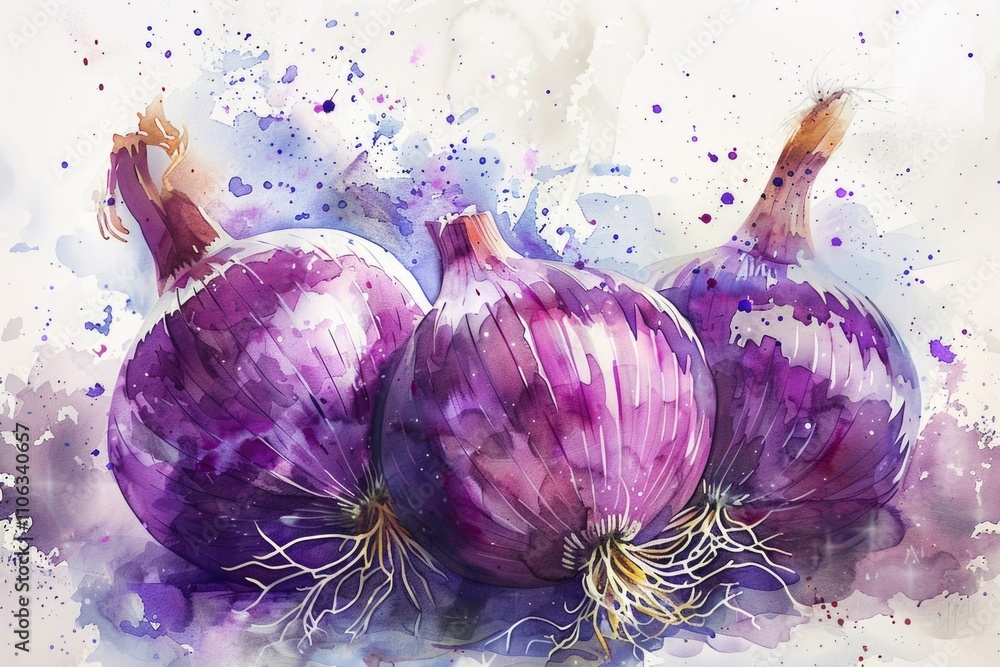 Poster A still life composition featuring three onions arranged on a table, a simple yet elegant setup