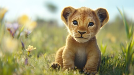 A small lion cub sitting in the grass