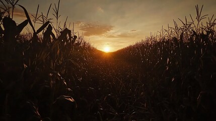 Sunset view through a cornfield.