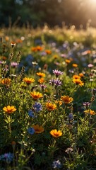 Meadow of wildflowers basking in sunlight.