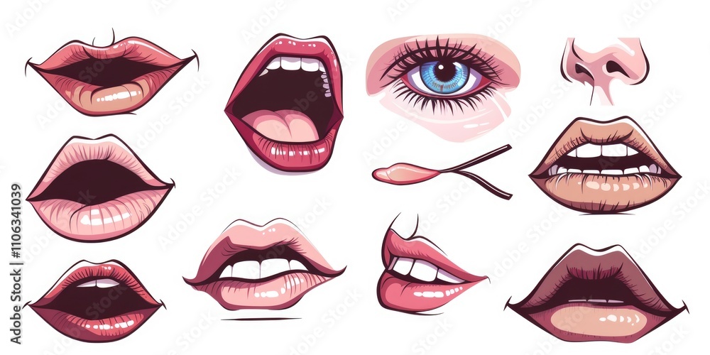 Poster A collection of cartoon lips with various facial expressions