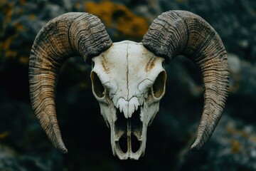 A dramatic illustration of a ram's skull with prominent, curled horns