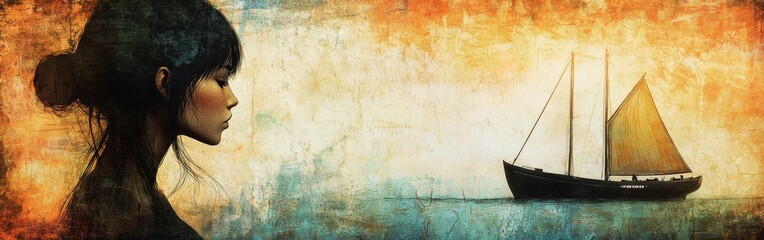 Fototapeta premium A woman with long dark hair looks pensively at a sailboat on the horizon during a vibrant sunset. The colors in the sky create a serene atmosphere by the water