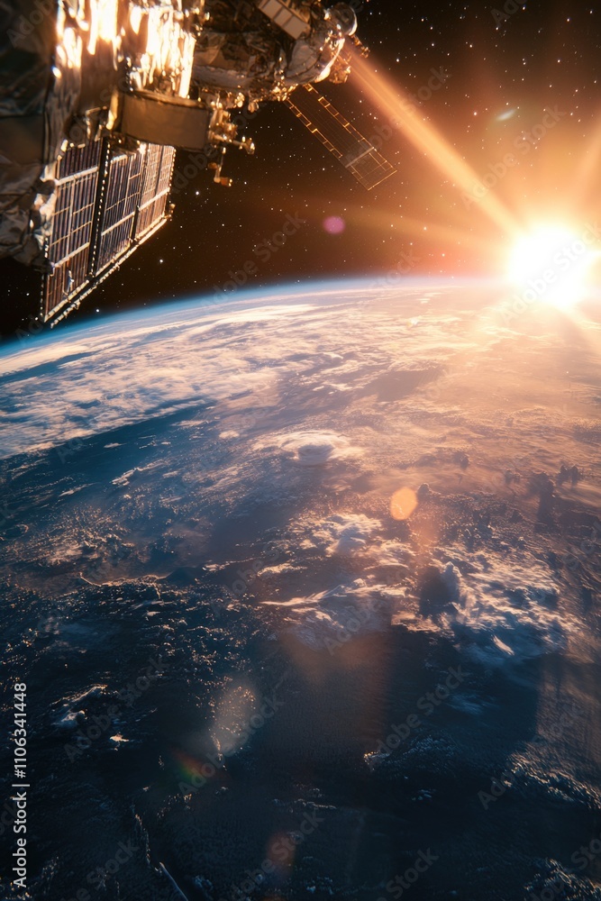 Poster a view of the earth from a space station showing blue oceans and white clouds