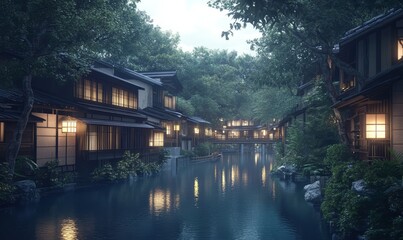 Fototapeta premium Traditional Japanese wooden houses line a serene canal, surrounded by lush greenery and softly illuminated by lanterns