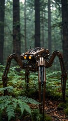Mechanical spider in a forest.