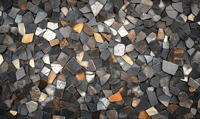 Textured stone mosaic wall, various shapes and colors, dark tones with hints of gold and white, natural materials, decorative design