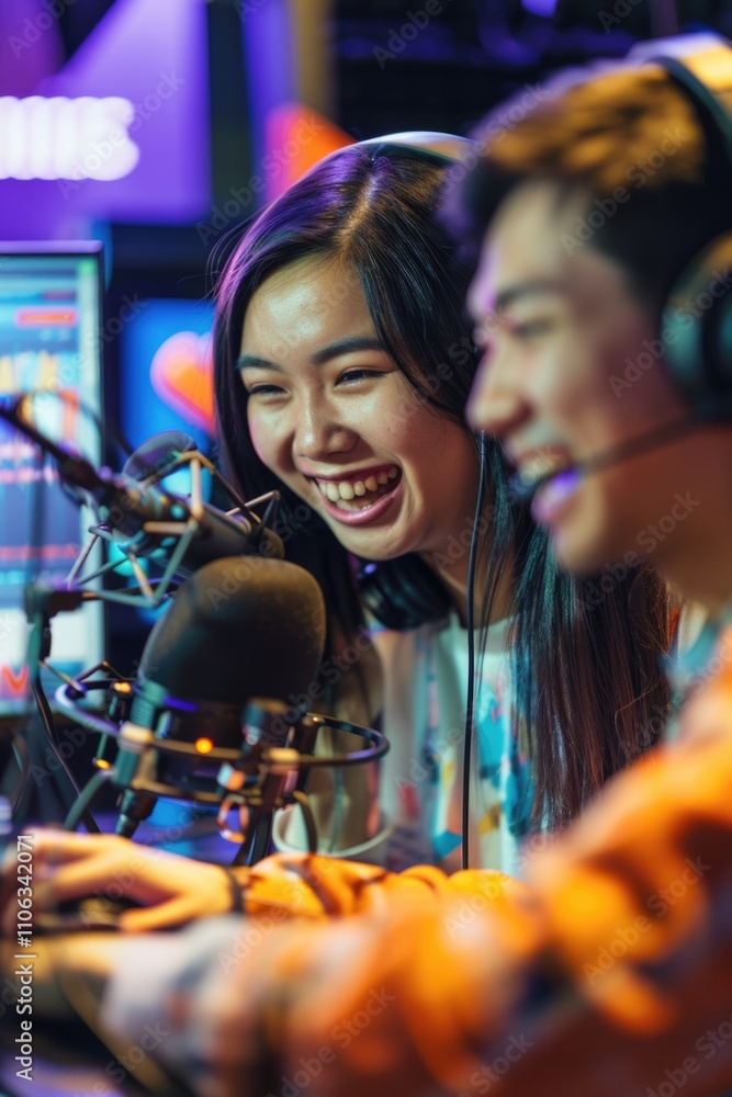 Poster couple recording music in studio setting, with microphone and instruments