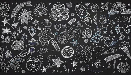 검은 칠판에 분필로 그려진 다양한 패턴과 낙서