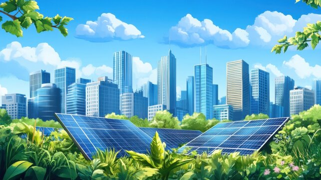 Ciudad moderna con paneles solares y naturaleza