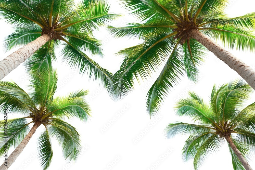 Poster A serene image of palm trees standing tall under a bright white sky, perfect for use as a background or scenic element