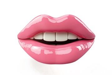 3d glossy pink lips with white teeth isolated on a white solid background.