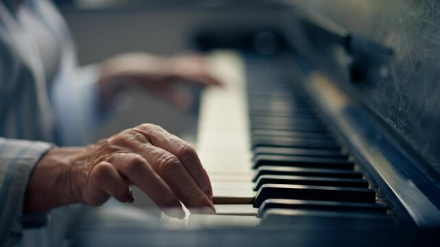 hands close up an elderly woman sits at the piano playing a melody learning new chords old age memories of an elderly couple pleasant leisure time in old age warm feelings support in old age