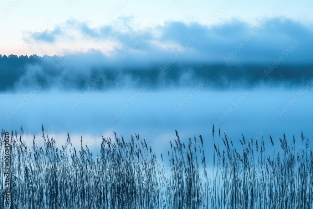 Poster a serene foggy lake scene with tall grasses in the foreground, perfect for use as a peaceful backgro