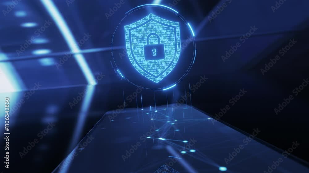 Poster cybersecurity shield icon hologram and smartphone. data protection and privacy or antivirus concept.