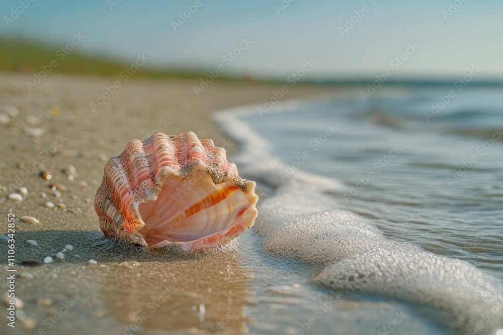 Poster beach scene with various types of shells and ocean in the background, perfect for travel or nature-t